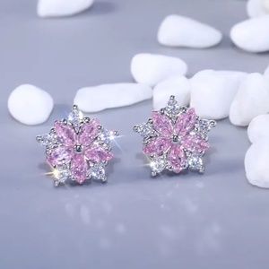 925 Silver Plated Crystal Pink Flower Earrings Gift for Her